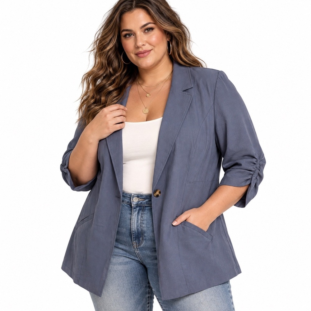 NWT Torrid Blazer Blue Ruched 3/4 Sleeve Single Button Women 3 Plus Professional